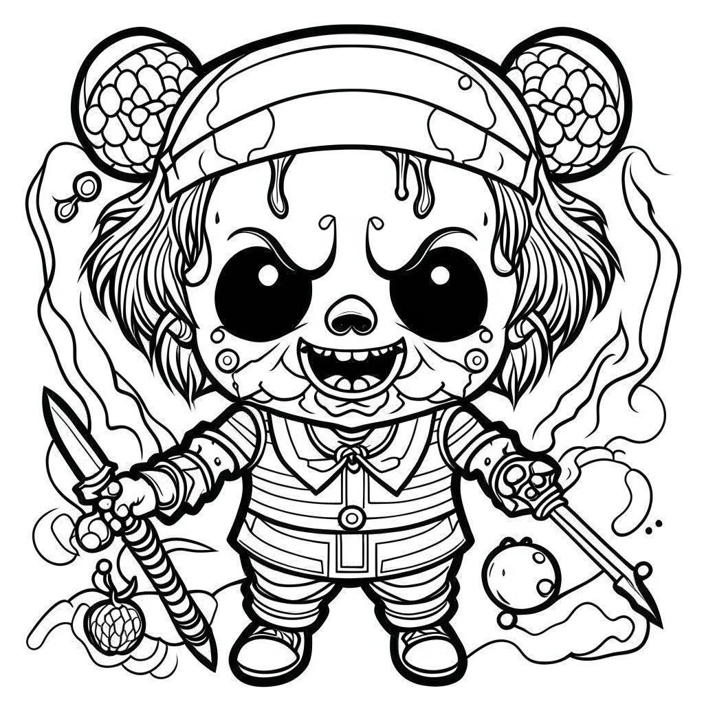 create a 2d black outline, " kawaii psycho clown with knife coloring book for kids", coloring page, low details design, black contour, coloring page design, colorful , card style, coloring page for kids, halloween backgorund,sketch style,