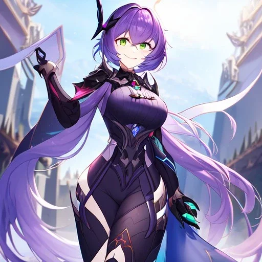 Clear focus,High resolution,High quality, Smiling, Purple long fluffy hair, Green eyes, Wearing a pink mech uniform, Honkai Impact Star Rail