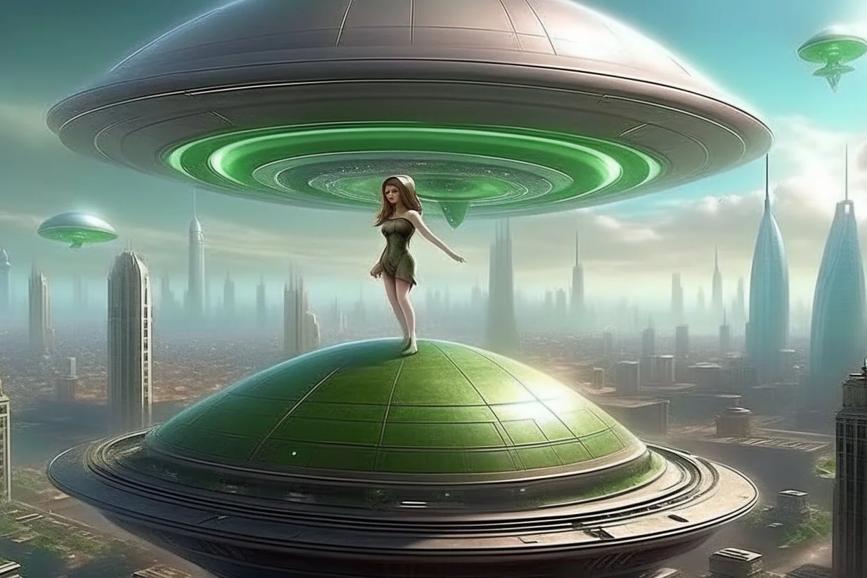 flying saucer with clear dome top with beautiful woman inside over future alien city
