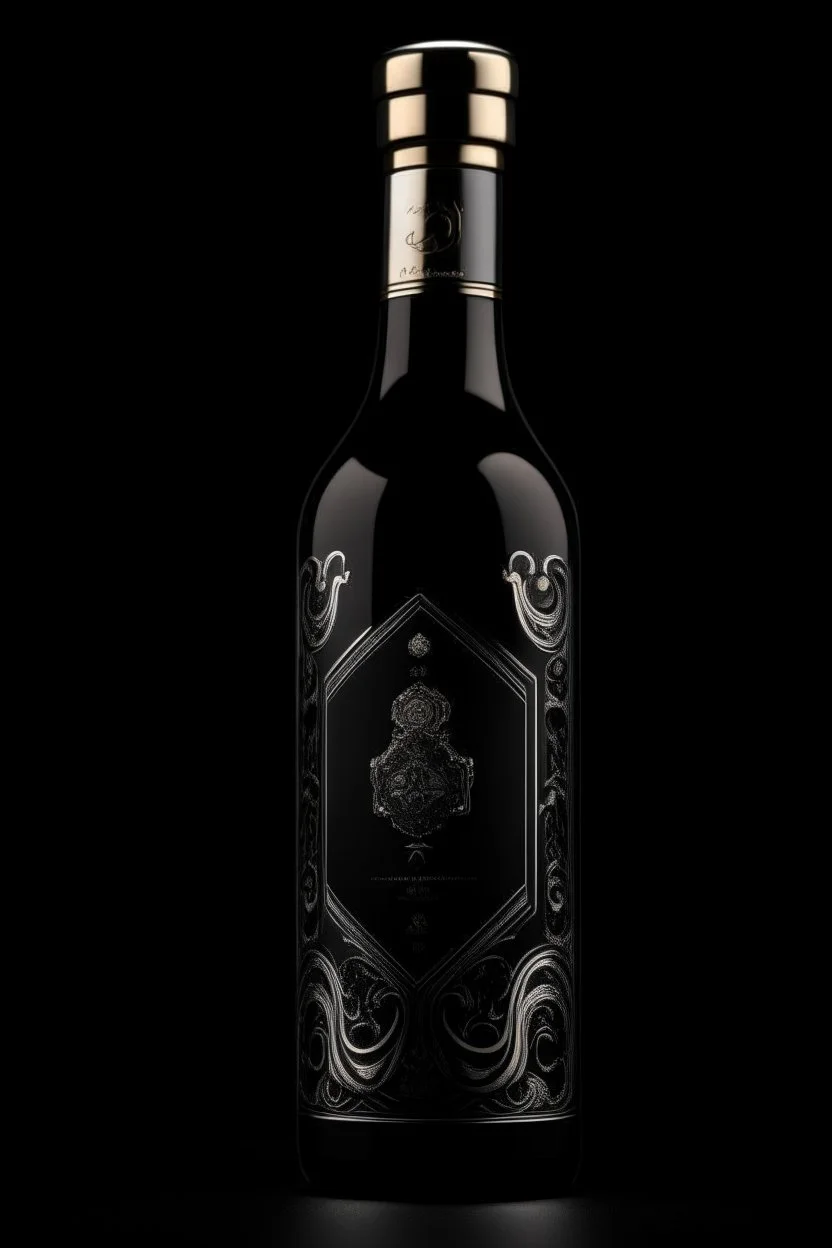 Luxurious square black wine bottle engraved in black and white gold