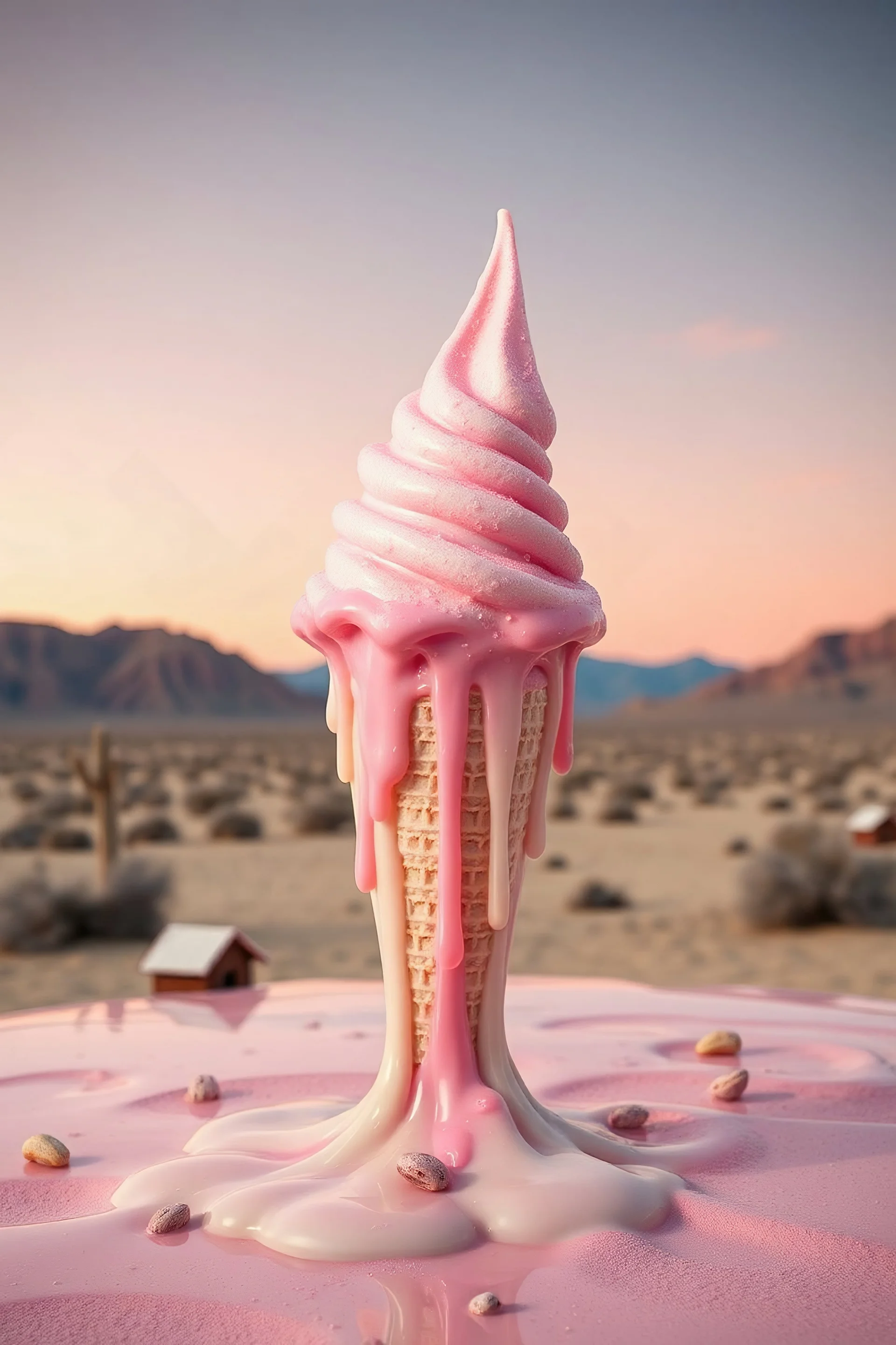 Time melting like bubble gum ice cream, dolls dripping, surreal desert landscape
