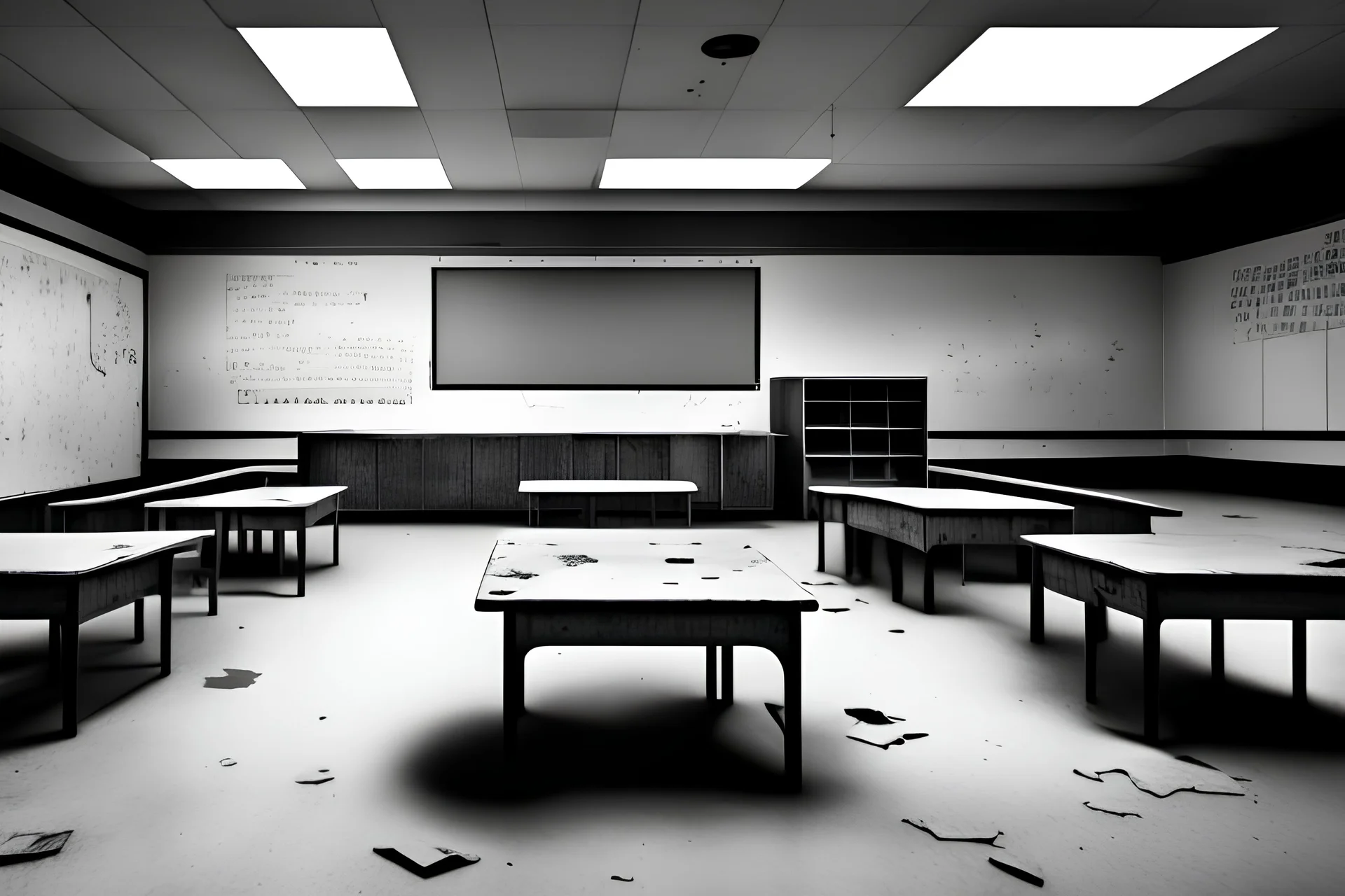 empty apocalyptic school classroom in greyscale