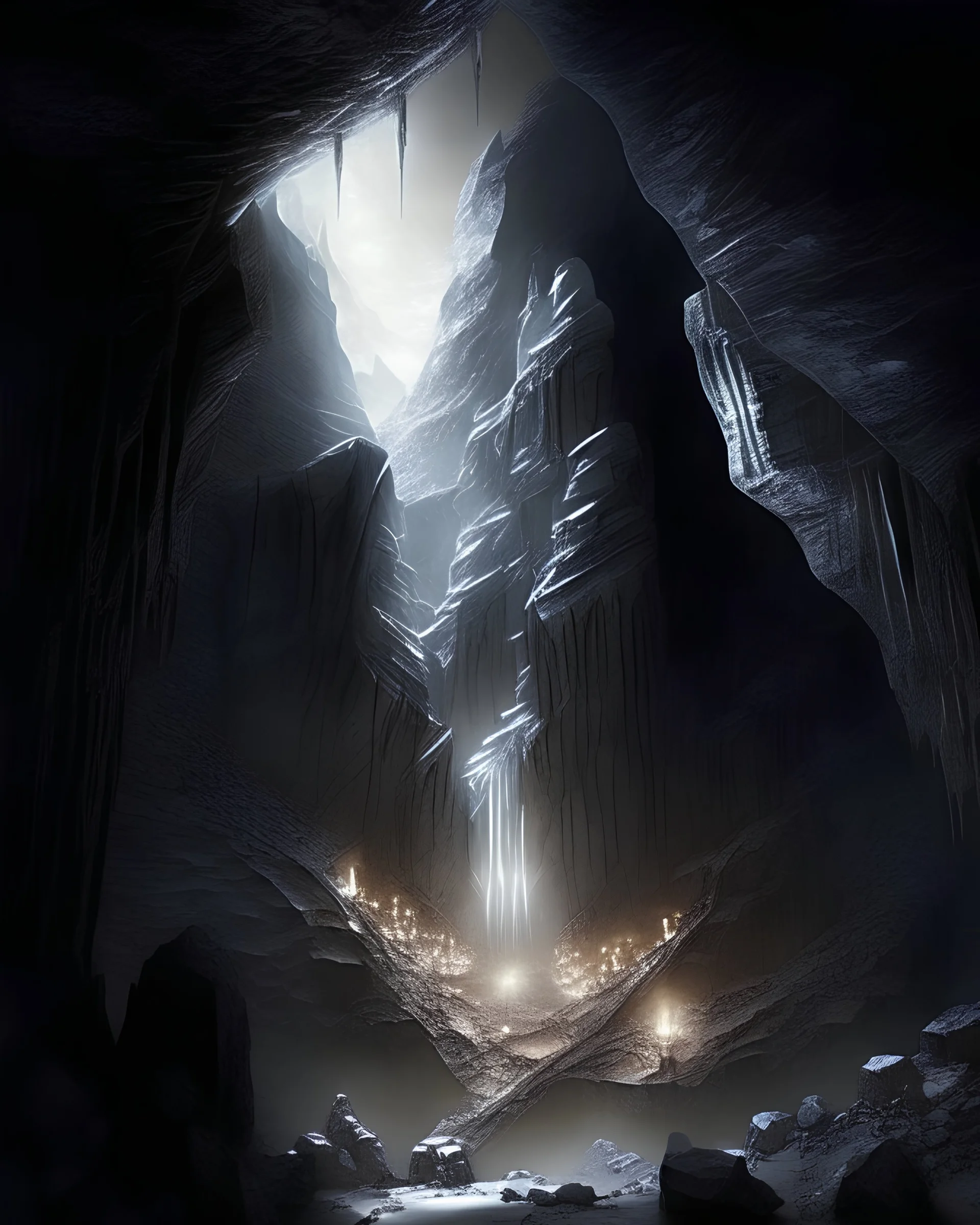 Dwarven mithril mine, vast underground cliffs glowing in silver hue, magical scene, godrays, fantasy cave, sense of awe and wonder, massive chasm