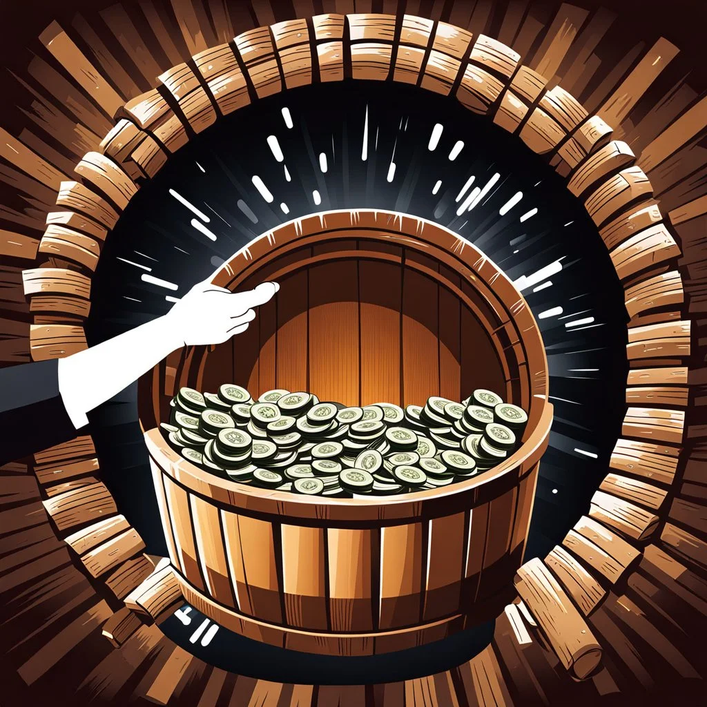 Two hands holding a wooden barrel : 1.5 ) money goes in from above and money comes out from below, ultra quality, vector graphics