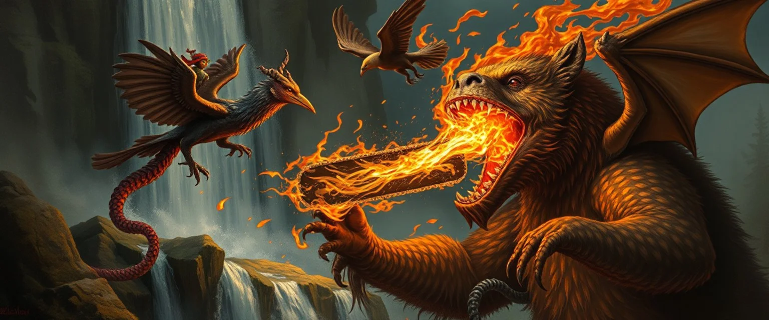 octopus bird witch chain saw bear dragon waterfall looks beyond really powerful slapping a bird in the face with fire, fantasy illustration, in the style of Rembrandt