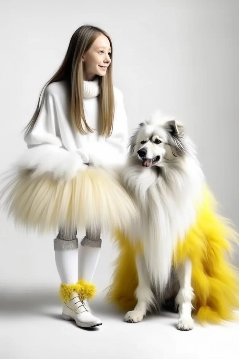 Giant white dog in a feather dress, next to a girl in a yellow sweater, a gray skirt, white stockings and black shoes, both facing the front in the photo. white background, 16K, real photography, portrait., estilo Alice in wonderland