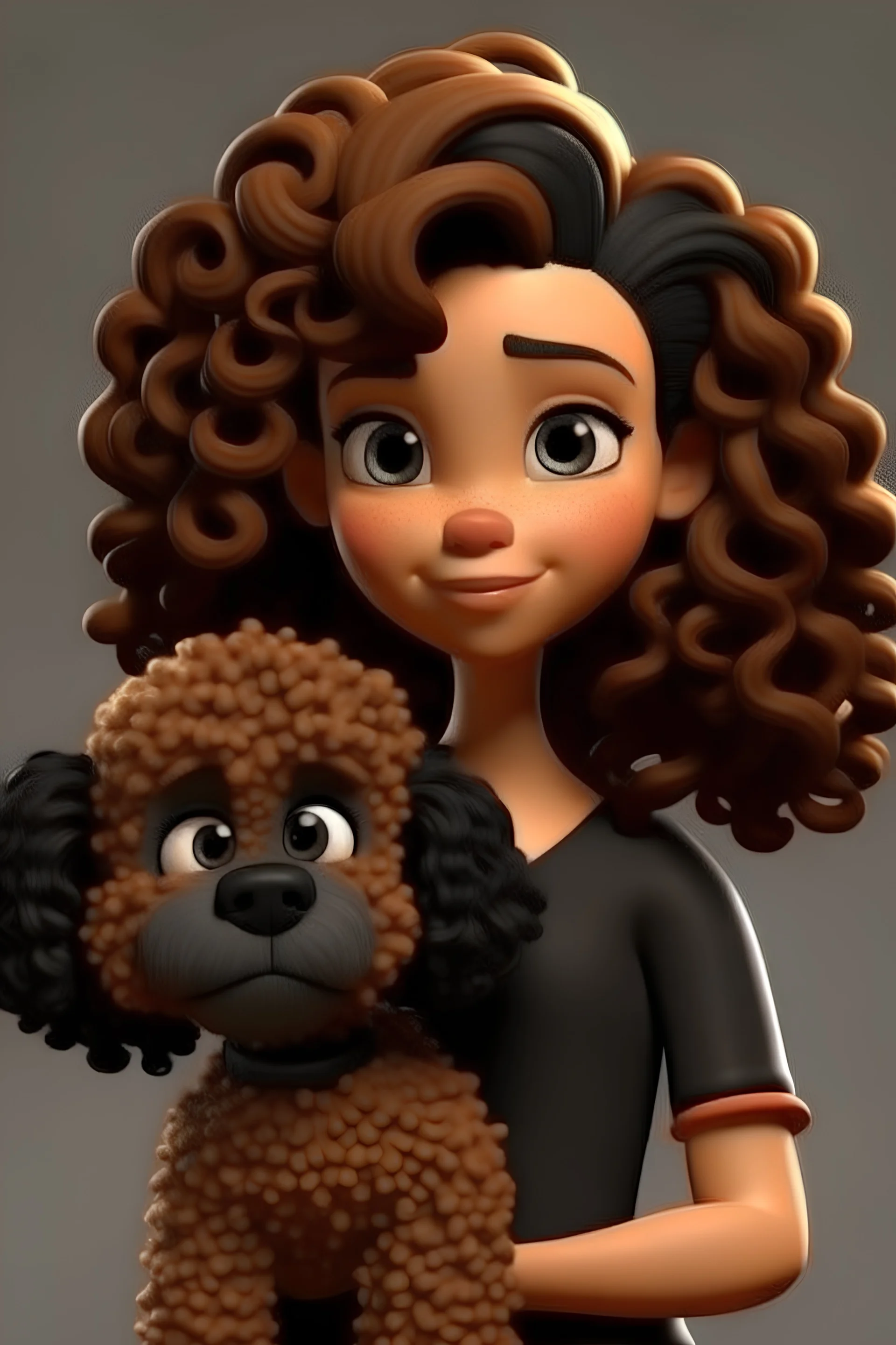 Menina com cabelo ondulado castanho claro abaixo do ombro,olhos CASTANHOS , com um cachorro poodle preto , Disney Pixar