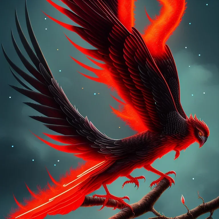 a detailed illustration of a black and red phoenix sitting on a branch of a tree, phoenix wallpaper, luminescent body, glinting wings, full body, symmetrical body, realistic, glowing wings, sharp focus, meticulously detailed, soft evening sky, 64k