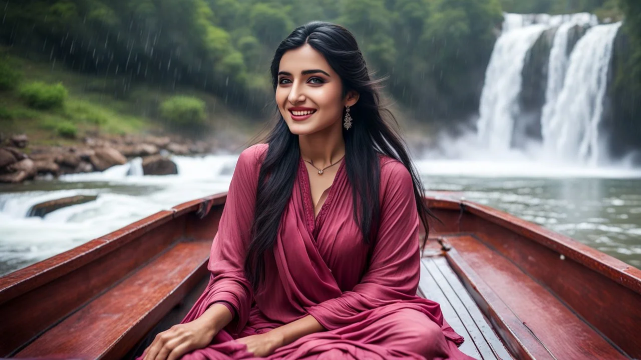 Hyper Realistic Photographic View Of A Gorgeous Pashto Girl (Wearing Simple Maroon Colored Dress & Wearing Plain Pink Dupatta On Her Neck) Happily Sitting & Smiling On A Boat & Showing Her Long Black Hair On The River With Beautiful Waterfall At The Back, At Heavy Rainy Weather Showing Dramatic & Cinematic Ambiance.