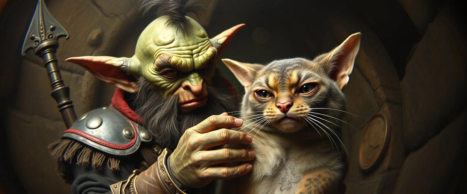 pin hole camera picture, master oil painting by Rembrandt, fantasy orc soldier holding and petting a big ugly cat gremlin