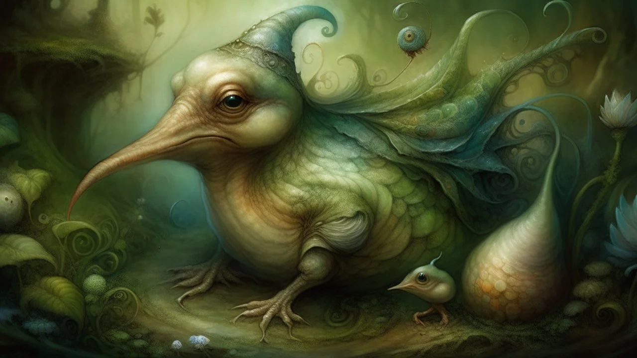 whimsical fantasy illustration of a slug, snail and goose hybrid creature, pastel colors, soft lighting, intricate details, by James Gurney and Brian Froud.