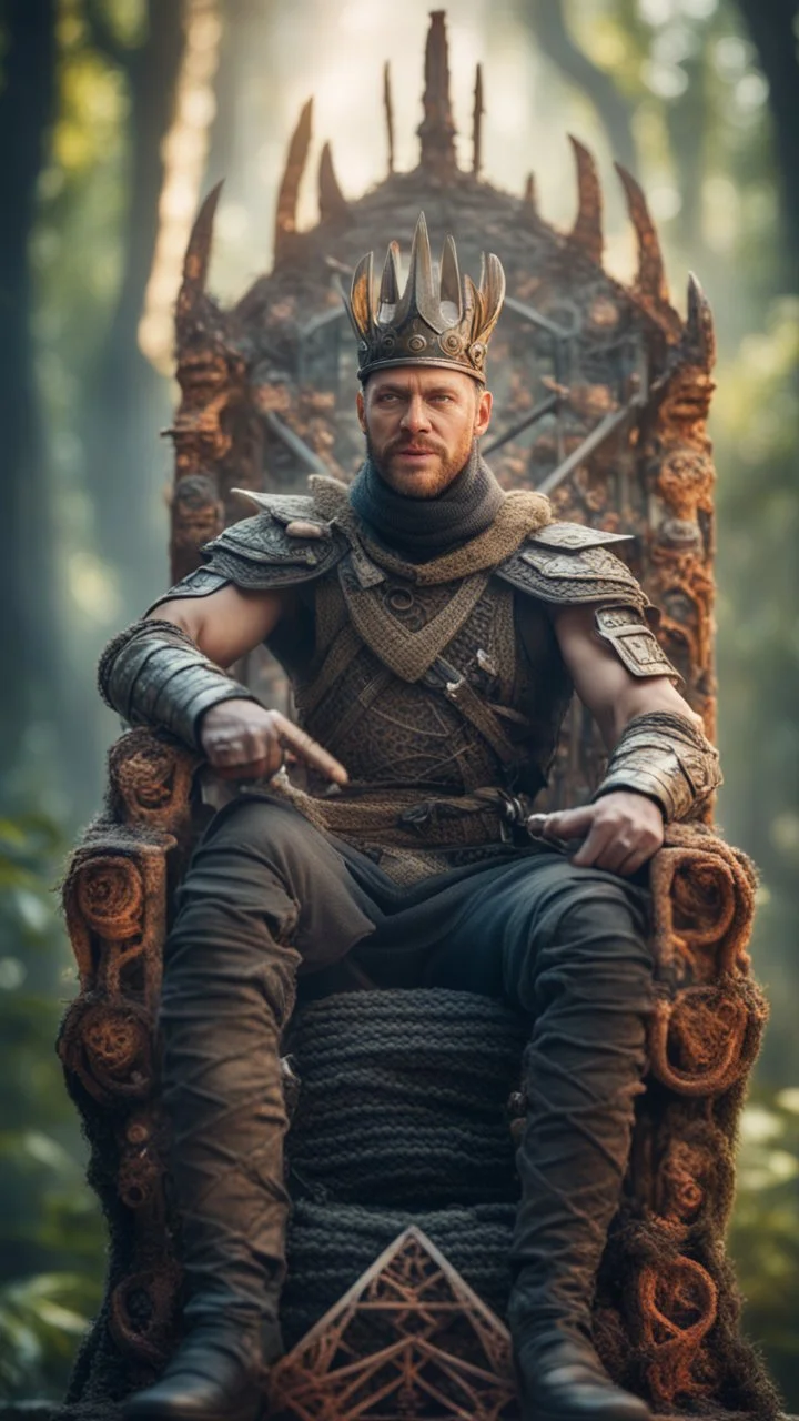 close up portrait of a happy blessed ancient magical king mad max soldier posing for foto shoot on a throne, holding a burning sceptre, in a space alien mega structure with stairs and bridges woven into a sacred geometry knitted tapestry in the middle of lush magic forest, bokeh like f/0.8, tilt-shift lens 8k, high detail, smooth render, down-light, unreal engine, prize winning