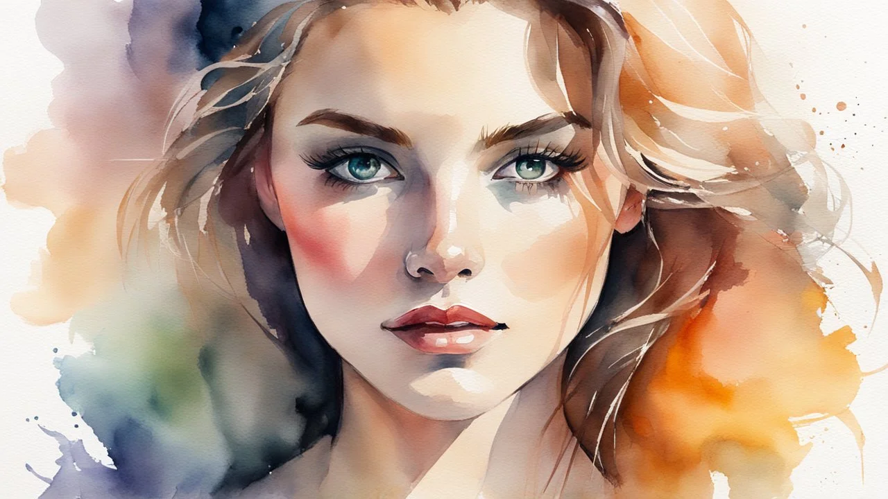 watercolor painting of a beautiful of a 25 year old woman, realistic skin texture, looking into the camera, Anna Razumovskaya style, atmospheric light, realistic colors