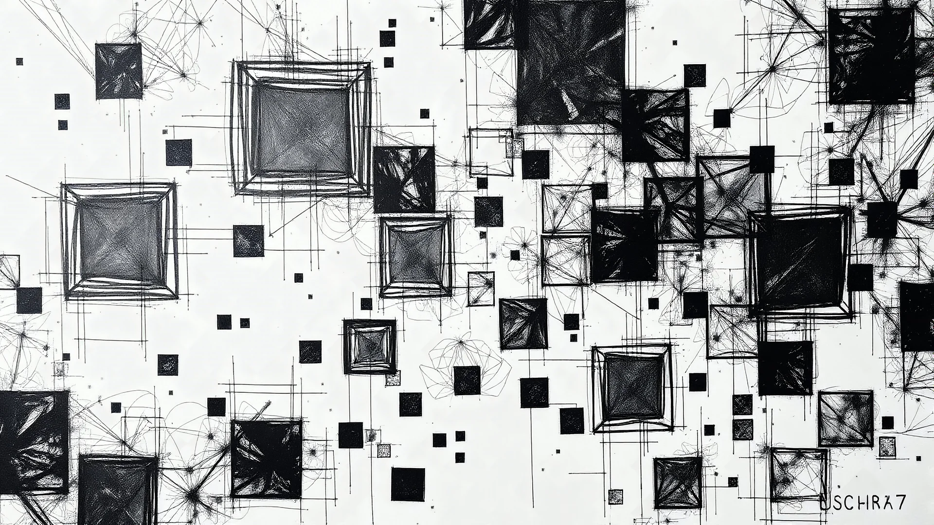lyrical abstraction, geometric, fractal, ink wash, squares, black on white canvas by Ivan Shishkin and Leonardo da Vinci, intricate line drawings, masterpiece, fantastic, trending on artstation, 8k, octane render, HDR, HD, Unreal Engine