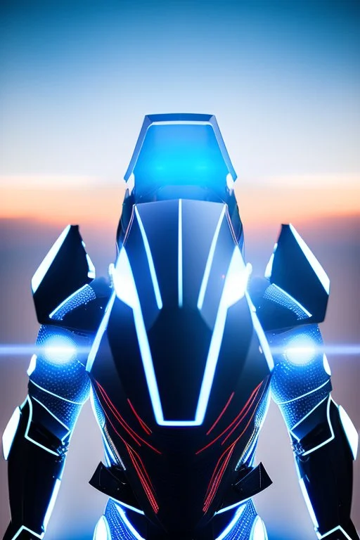 neon blue, floating triangle of light orbiting behind the back, cyber armor, geometric patterns on armor, male, orbiting triangle