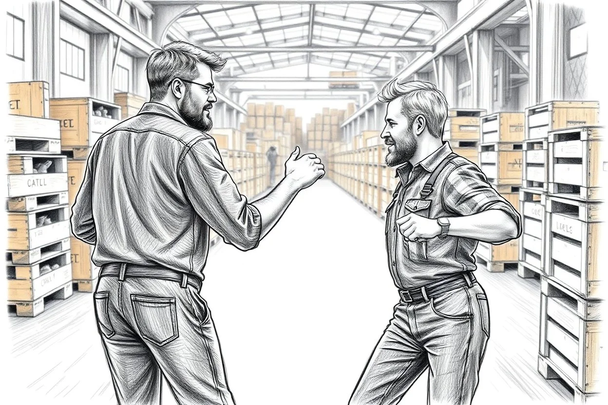 workers dancing in a industry factory with lot of wooden crates , a drawing with sketch lead pencil, no beards and light hair