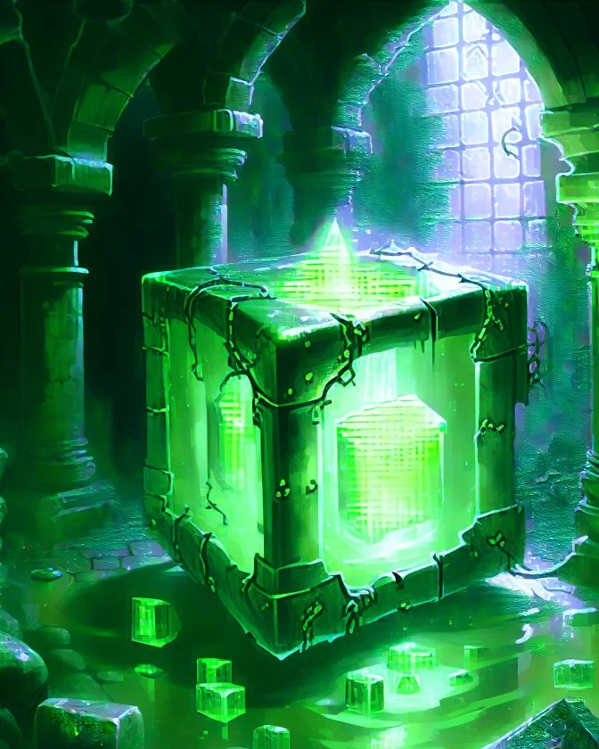 a gelatinous cube in vast dungeon room with green torches abandoned castle rpg art painterly