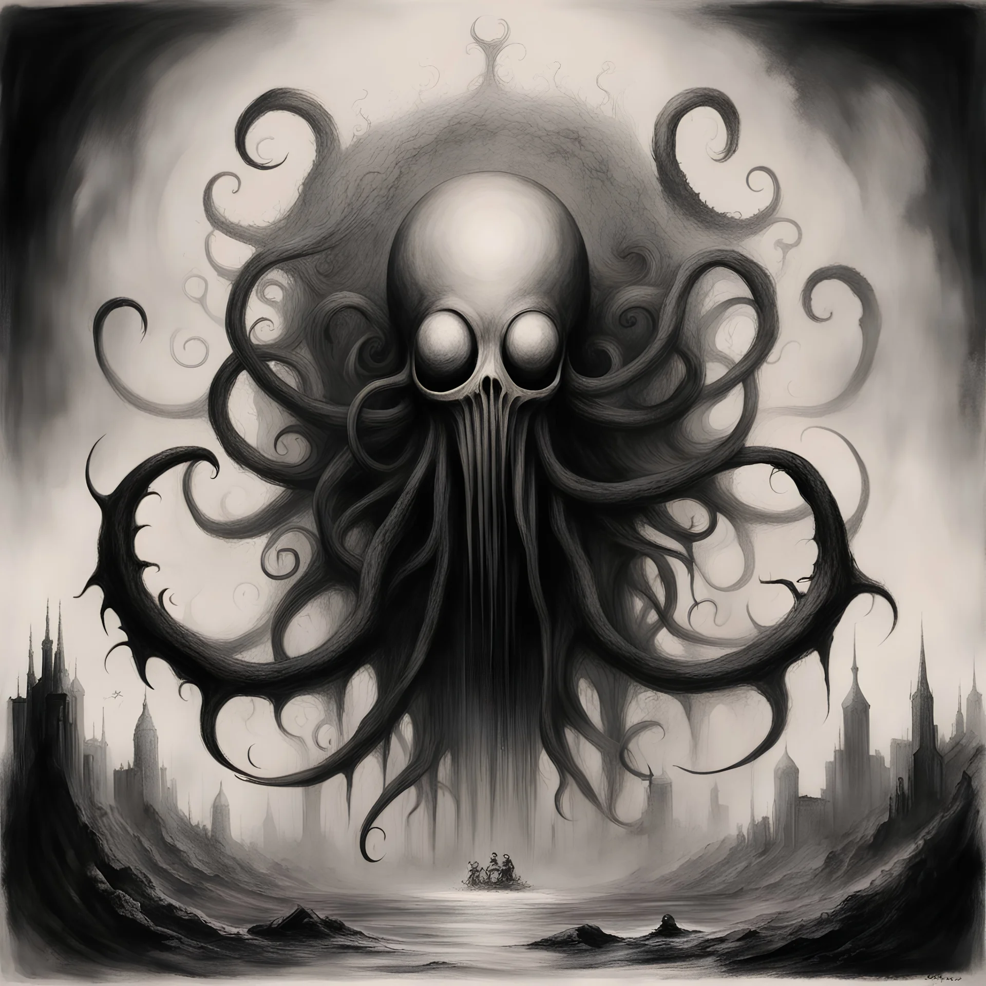 Dark sinister fantasy, Lovecraftian, Gammell, inkwash, symbols, Sothoth, expansive, Benscoter