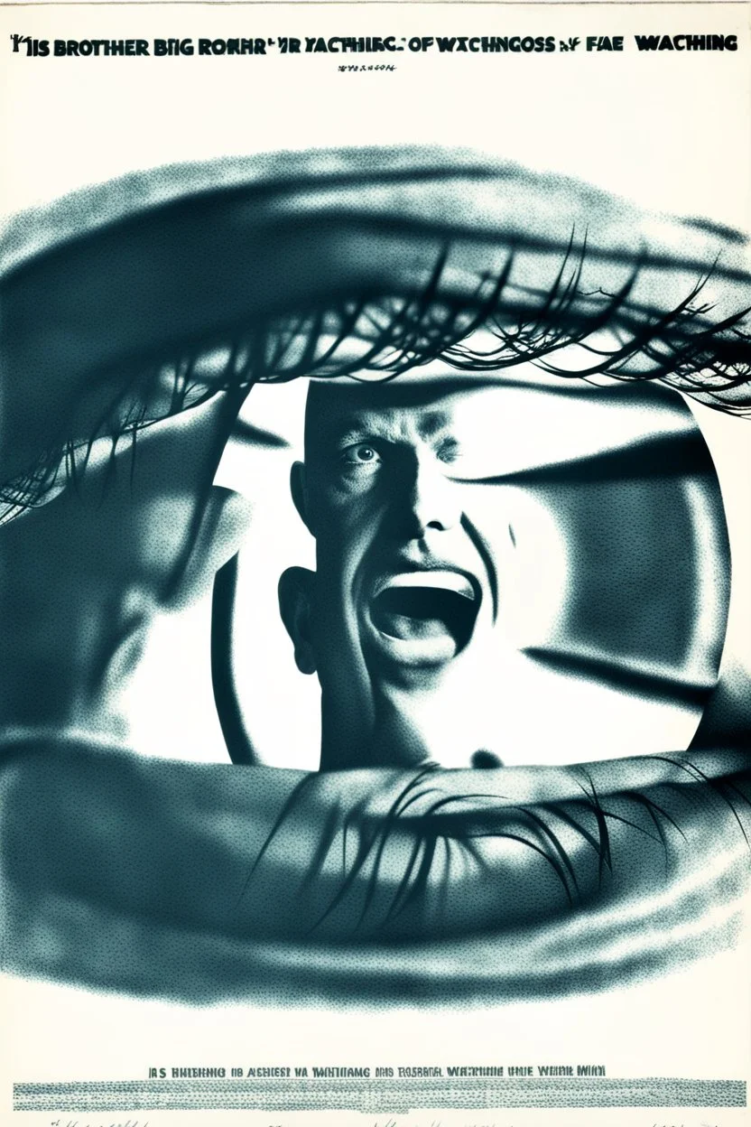an old poster with the words"BIG BROTHER"(across top), the staring face of a man(middle, facing viewer), text "IS WATCHING"(across bottom), wwii era 1984 propaganda black and white printed poster on old paper