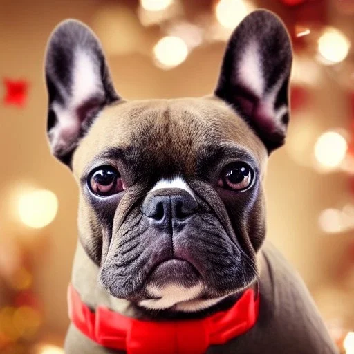 Portrait of a french bulldog with brown fur celebrating new year and christmas and whishing all the best