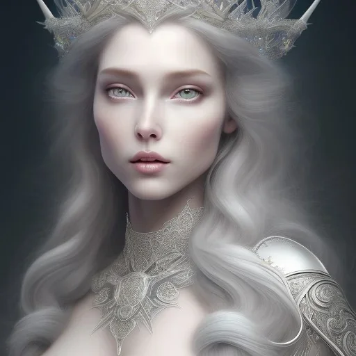 portrait of the most gorgeous, stunning, beautiful ice queen goddess with large wolf, intricate crystal ice crown, 8k resolution, high-quality, fine-detail, ornate, digital art, detailed matte, volumetric lighting, brian froud, howard lyon, selina french, anna dittmann, annie stokes, lisa parker, greg rutowski,