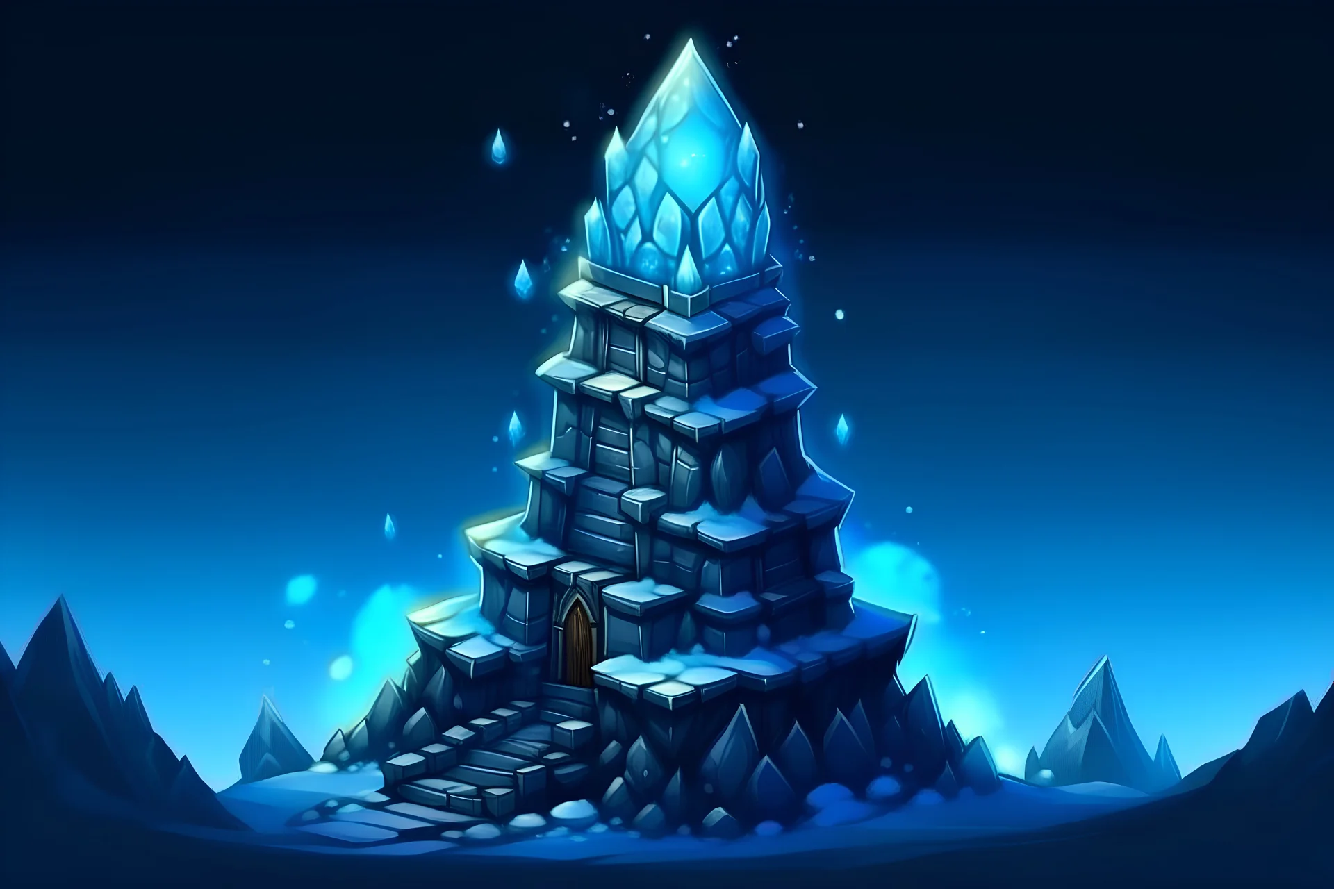 Fantasy Cartoon magic tower with wooden rafters, blue glowing crystals and dark stone covering it the the winter mountains