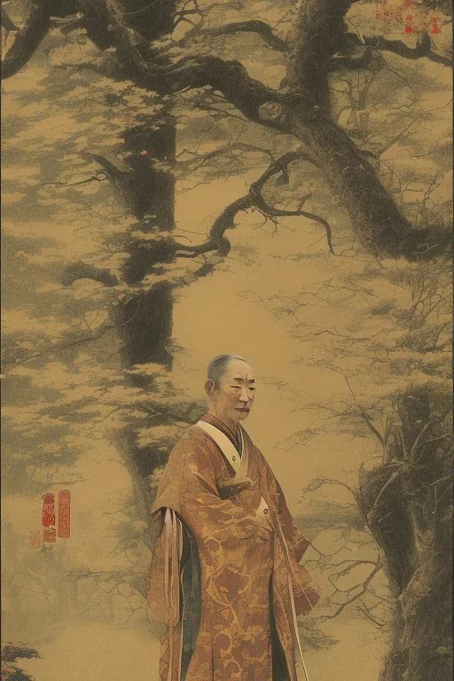 A man in old Japanese clothes is standing in nature while it is raining dramatic scene