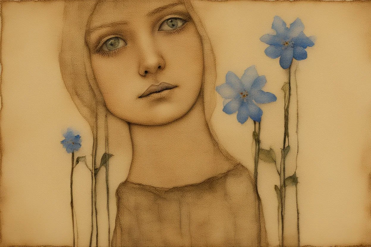 painted and burned burlap, forget-me-not woman, styles of Paul Klee Dee Nickerson and Tim Burton, melting watercolor and black ink outlines on wet paper, soft, shading strokes, in sunshine, ethereal, otherwordly, cinematic postprocessing, bokeh, dof