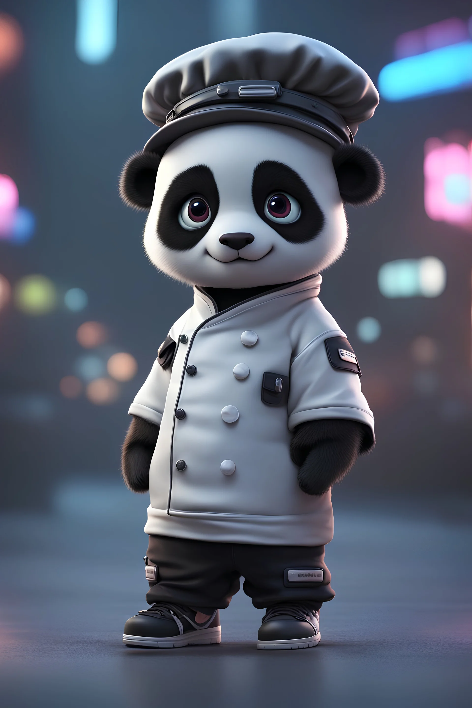cartoon cute panda with white and sneakers, Cyberpunk realism style, front view, wearing a chef costume, zbrush, Arys Chien and light black, lit children, 32k uhd, street fashion, round,8k,HD