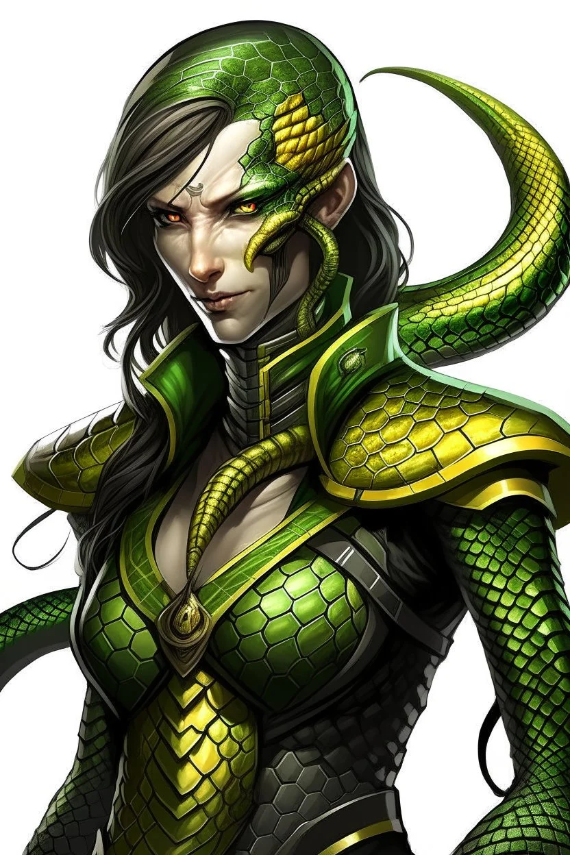 a female humanoid snake, wearing a black leather armor, green scales, yellow eyes