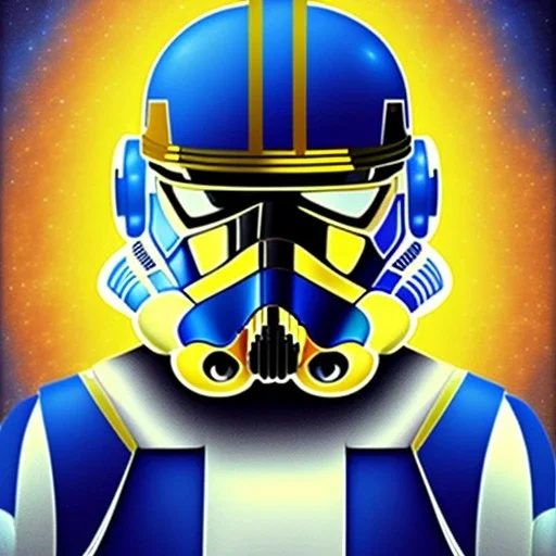 trés beau capitaine galactique, star wars style, avec costumes bleu et or , arrière fond bleu galactique étoilés, casque