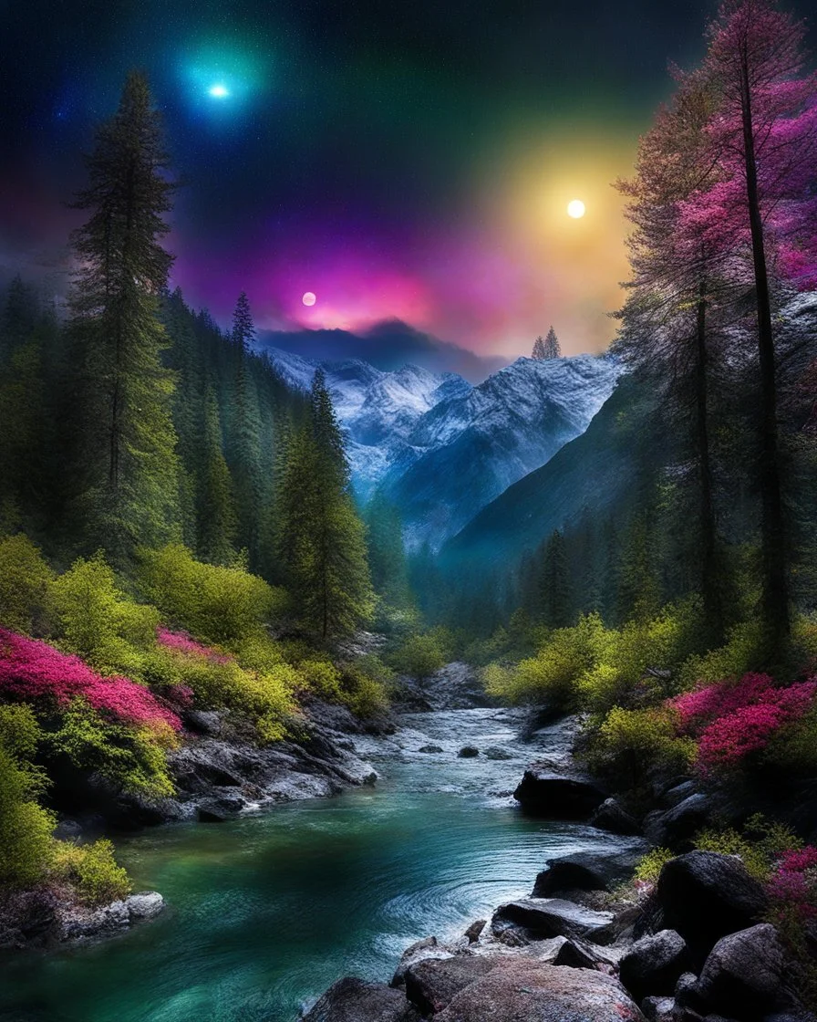 photography night beautiful dark night moon light and Aurora an backpacker man adventure walk in dark night forest,trees,river, day, sun day, an idyliic forest with colorful flowers, mountains, sun,flower, a small river, paradise,night atmosphere in the moonlit night, digital photography art fantasy glowing colors, deep color, fantastucal, intricate details