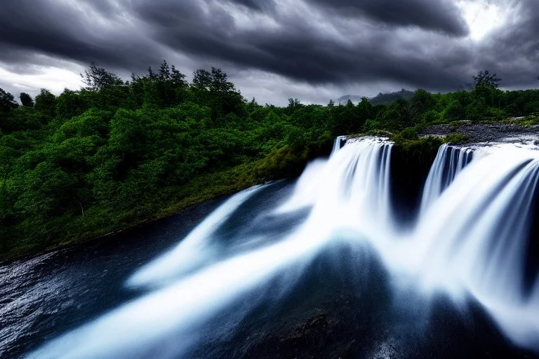 Cloudy dark sky, epic waterfall landscape, photograph, hyperrealism, 4k