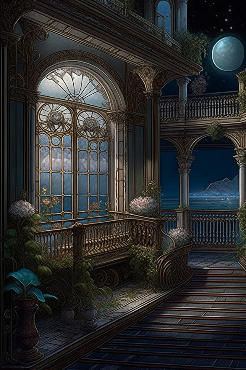 the balcony of the palace, moonlight, beautiful flowers, the surface of the water under the balcony like a mirror, mega-detailed drawing of small fine details, photorealistic drawing with colored pencil + pastel, ink, bright, botanical, fantasy, medieval atmosphere, cinematic, Art Nouveau, the camera is aimed at the object