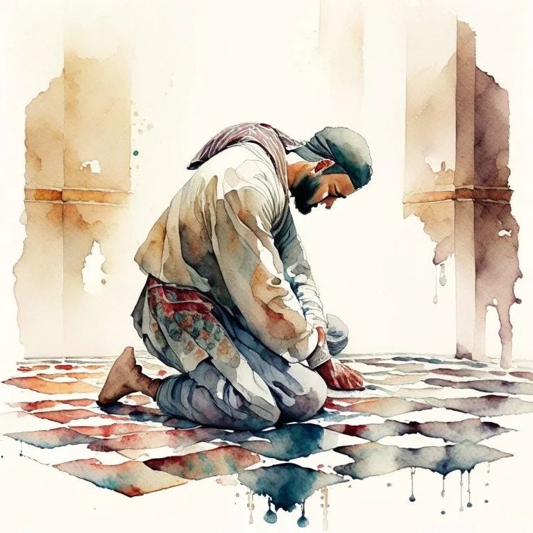 A man prostrating in islamic prayer, wearing shalwar qameez, background of islamic pattern, watercolour painting