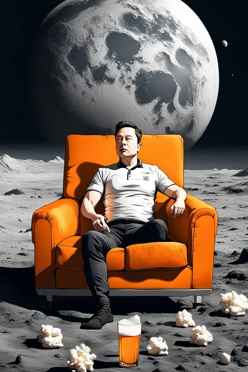 simple scene, Elon musk sitting on the moon on an orange couch, beer in hand ,eating popcorn, looking unamused at planet earth,. selective colours