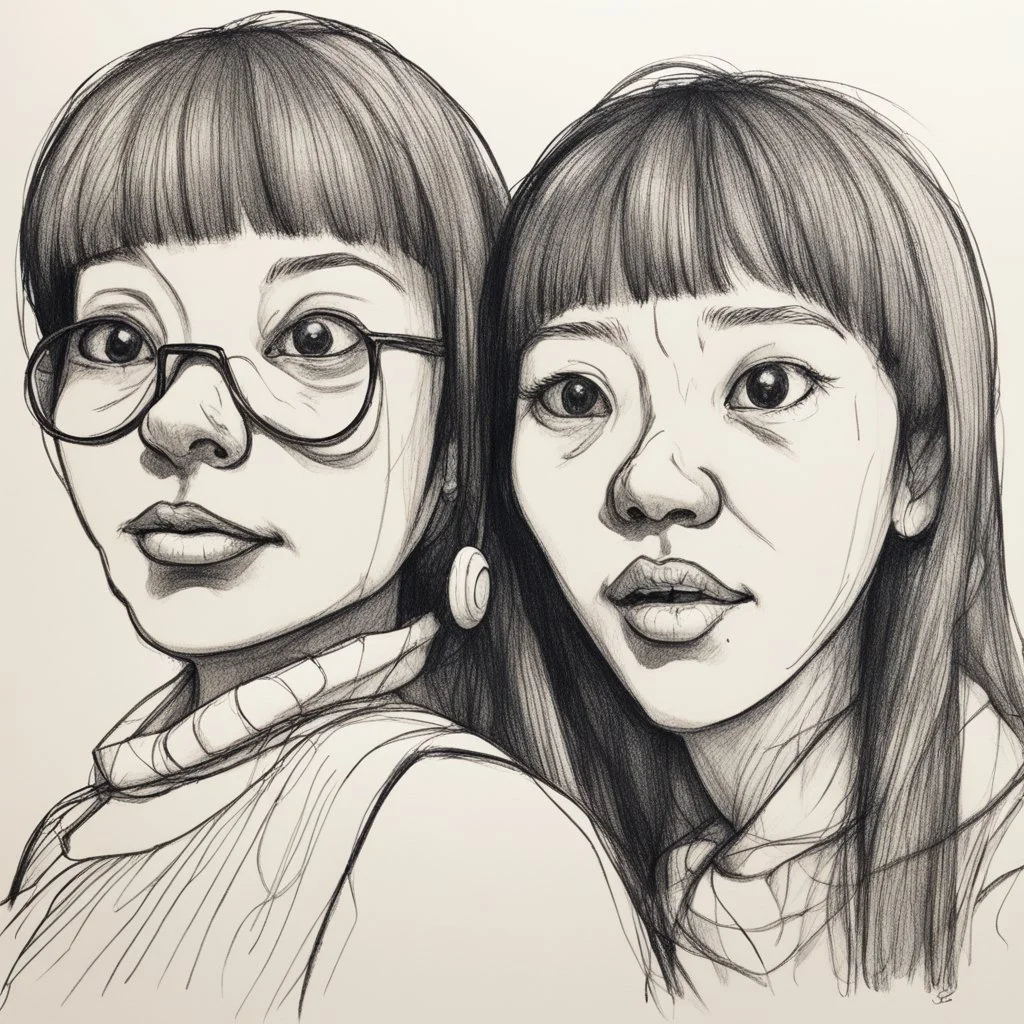 a drawing of two women's sketched on paper, in the style of quirky expressions, rusticcore, chiaroscuro sketches, yosuke ueno, rough clusters, close up, comical caricatures