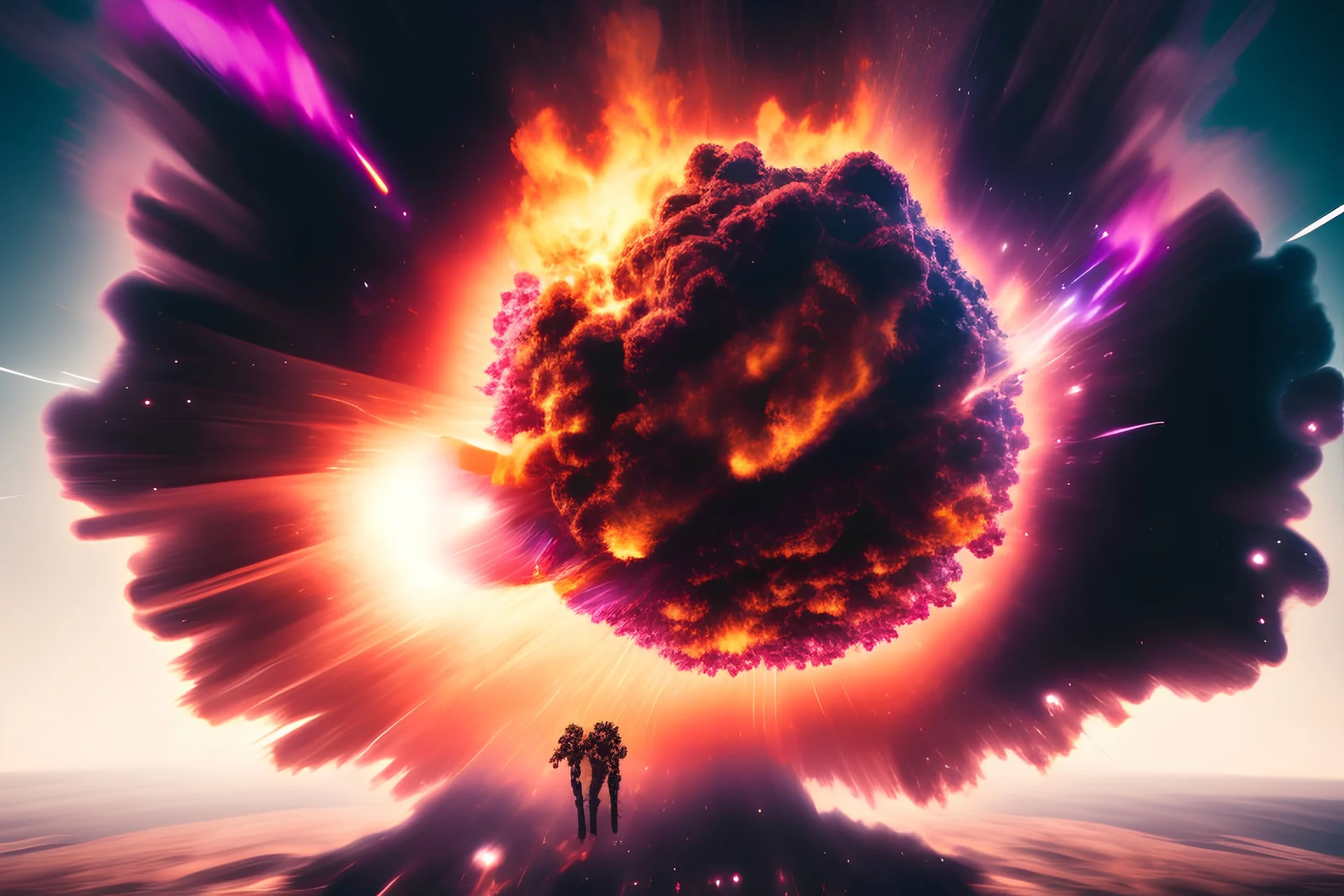 Create a huge explosion seen from space of a humanoid android exploding