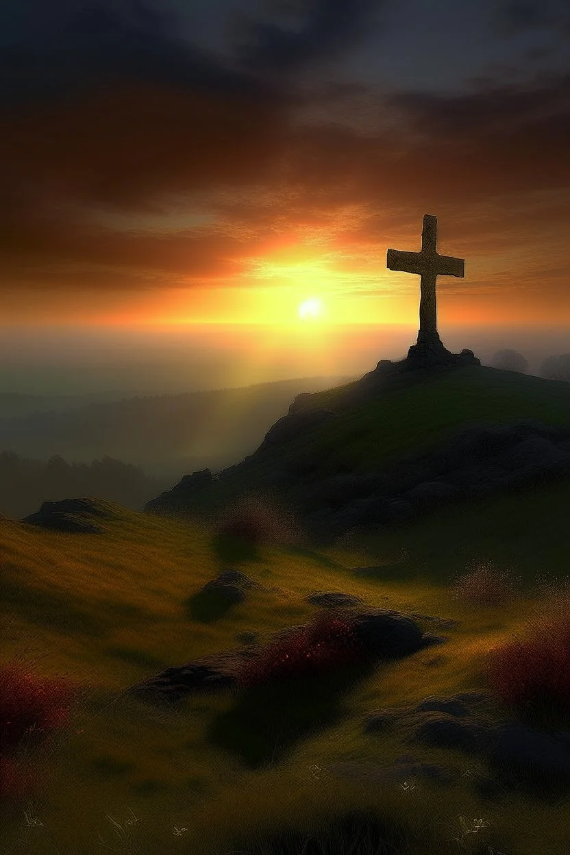 Imagine a surreal landscape where golgotha, bathed in an eerie, dreamlike glow, dominates the horizon. The sunrise unnaturally large and luminescent, rises slowly overva tomb with the stone rolled away, casting an ethereal light that reflects off the solitary cross at the top of the hill. The shimmering sunlight dances across the surface of the cross, accentuating its weathe