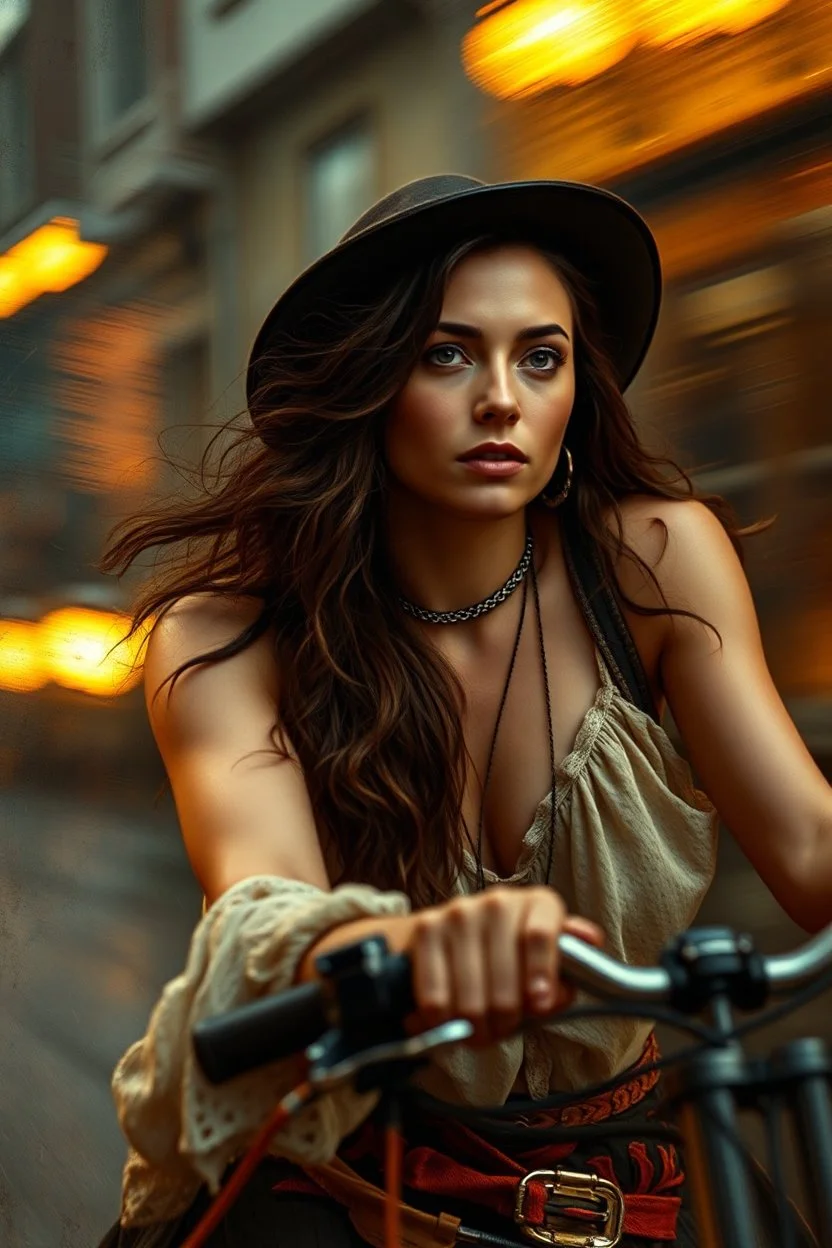 young Jennifer Connelly as gypsy biker with motion blur painted by Rembrandt and Titian