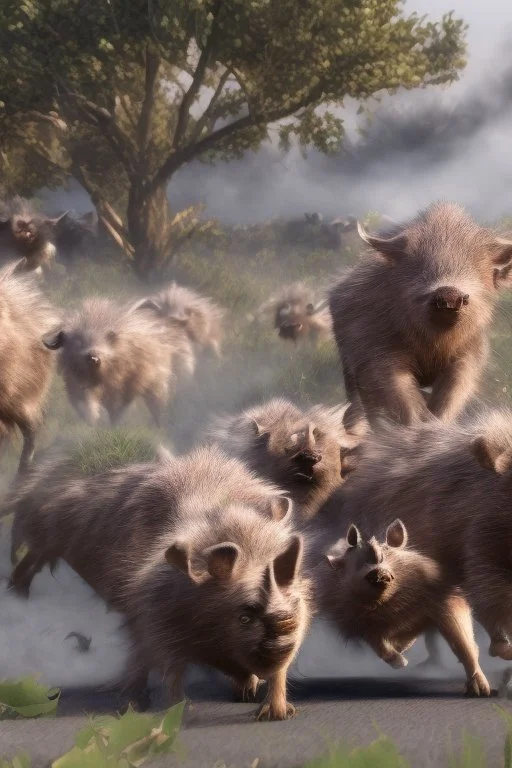 Animation image of warthogs running wild laughing, 8k high quality real life animation