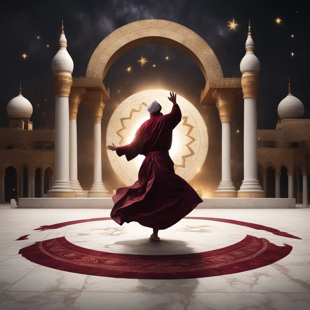 Hyper Realistic Sufi Whirling on stone floor with maroon & Golden Islamic Sufi Rustic Grungy Background outside white marble Islamic monument at dark night, heavy-fig with stars on sky showing dramatic & cinematic ambiance.