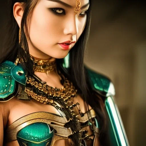 beautiful asian queen with black leather studded armor, delicate cyan braided hair, green glass eyes, highly detailed, 8k, ambient light, taylor swift