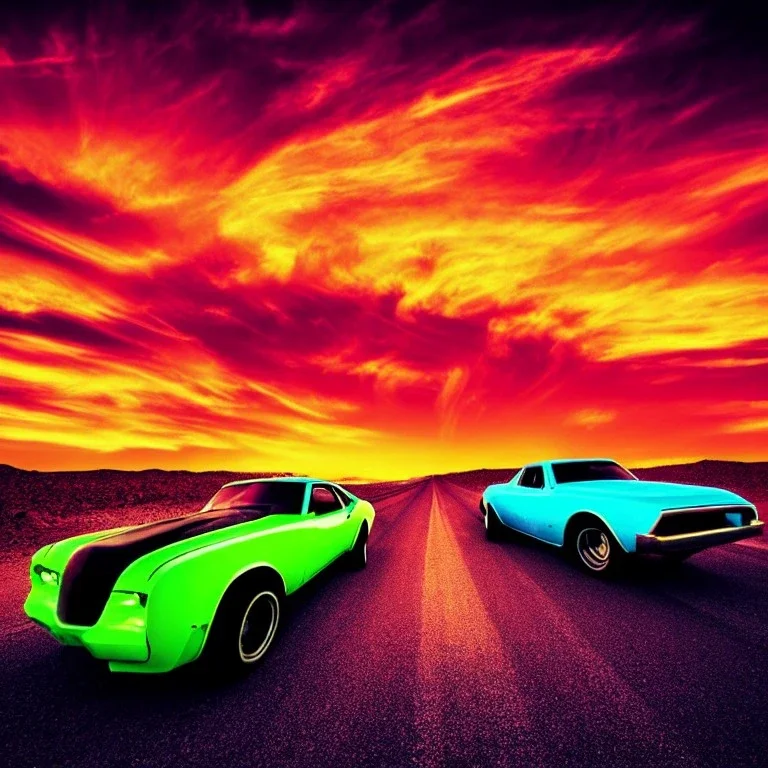 art deco, cyberpunk, two neon muscle cars, race, desert road, sunset, full colour, hd,