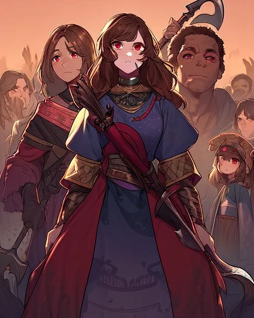 Wide brown hair, freckles on her face, a tall girl, has a battle axe, wears purple and black men's battle clothes, red eyes with bangs covering her eyesWide brown hair, freckles on her face, a tall girl, has a battle axe, wears purple and black men's battle clothes, red eyes with bangs covering her eyes, he smiles in a way that shows that he is very cool, he has sharp teeth like a shark but not like a, She is approximately 15 years old