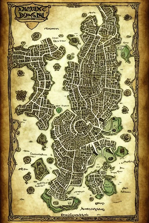 dnd, fantasy, map of the city, demonic, diagram, map, parchment, illustration,