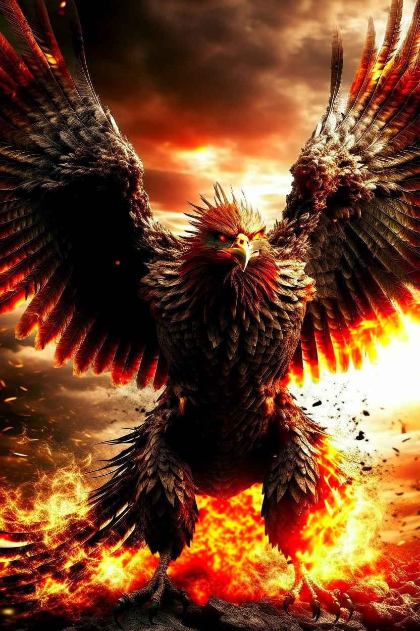 Create a ultra high definition and photorealistic image, 12k quality of a beautiful phoenix, majestic and strength showing, emphasis on texturized claws, upclose with a front view flying towards the camera, centre of an explosive and chaotic background scene of Armageddon where he is followed by demon like dark clouds in persuit trying to grab him, phoenix has striking eyes and determined look, majestic wings folded inwards in flight, bright auburn, black, white, grey and yellow colours, gothic