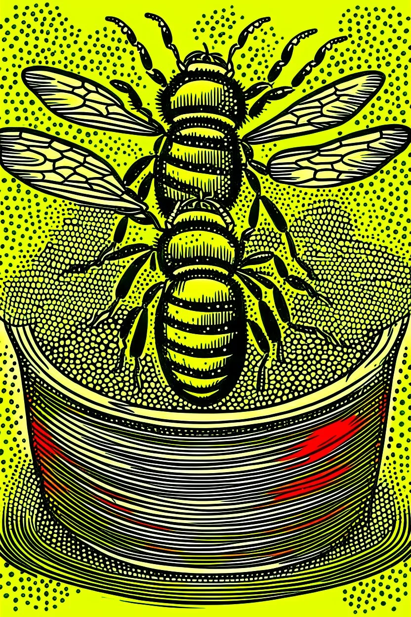 Vintage pop art style of bees on a pot of honey