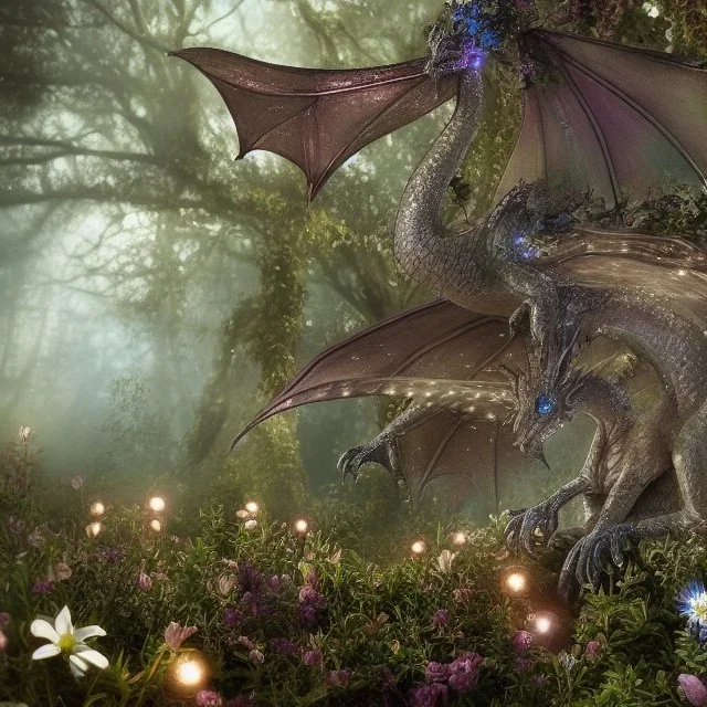 closeup of stunning, cute baby dragon with iridescent wings and glittery scales in forest with globes of light, flowers, 8k resolution, 3D octane render, intricate, sharp, crisp, digital art, detailed matte, volumetric lighting George Grie, Anne Dittman, Anne Stokes, Lisa Parker, Selina French, greg rutowski