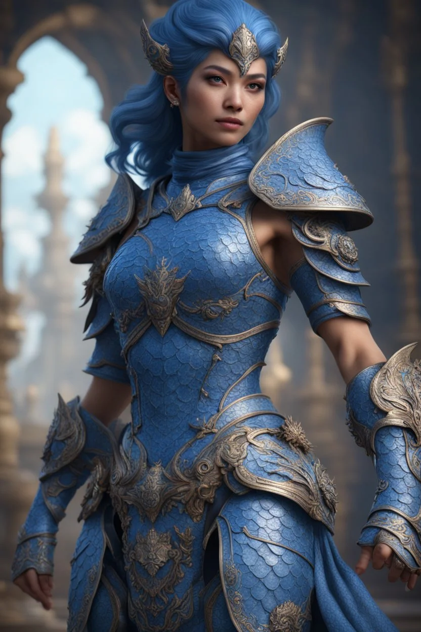 Photoreal bunga citra lestari blue triton ranger woman with blue scaled blue skin in ornate armor, 8k, high detail, smooth render, unreal engine 5, cinema 4d, HDR, dust effect, vivid colors